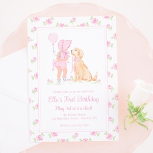 Invitation | 5x7 Printable | ONE Golden Year Puppy Birthday Party | Watercolor | Little Girl with Pink Bonnet & Golden Retriever Dog | 5043