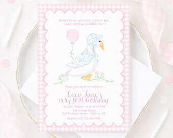 Pink Mother Goose Theme Nursery Rhyme Birthday Invitation (5x7 Printable Digital Download), Watercolor Grandmillennial Preppy 1030