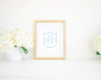 8x10 Light Blue Monogram Crest Print (Digital Download); Monogram Artwork for Baby Boy Room or Crib  3006