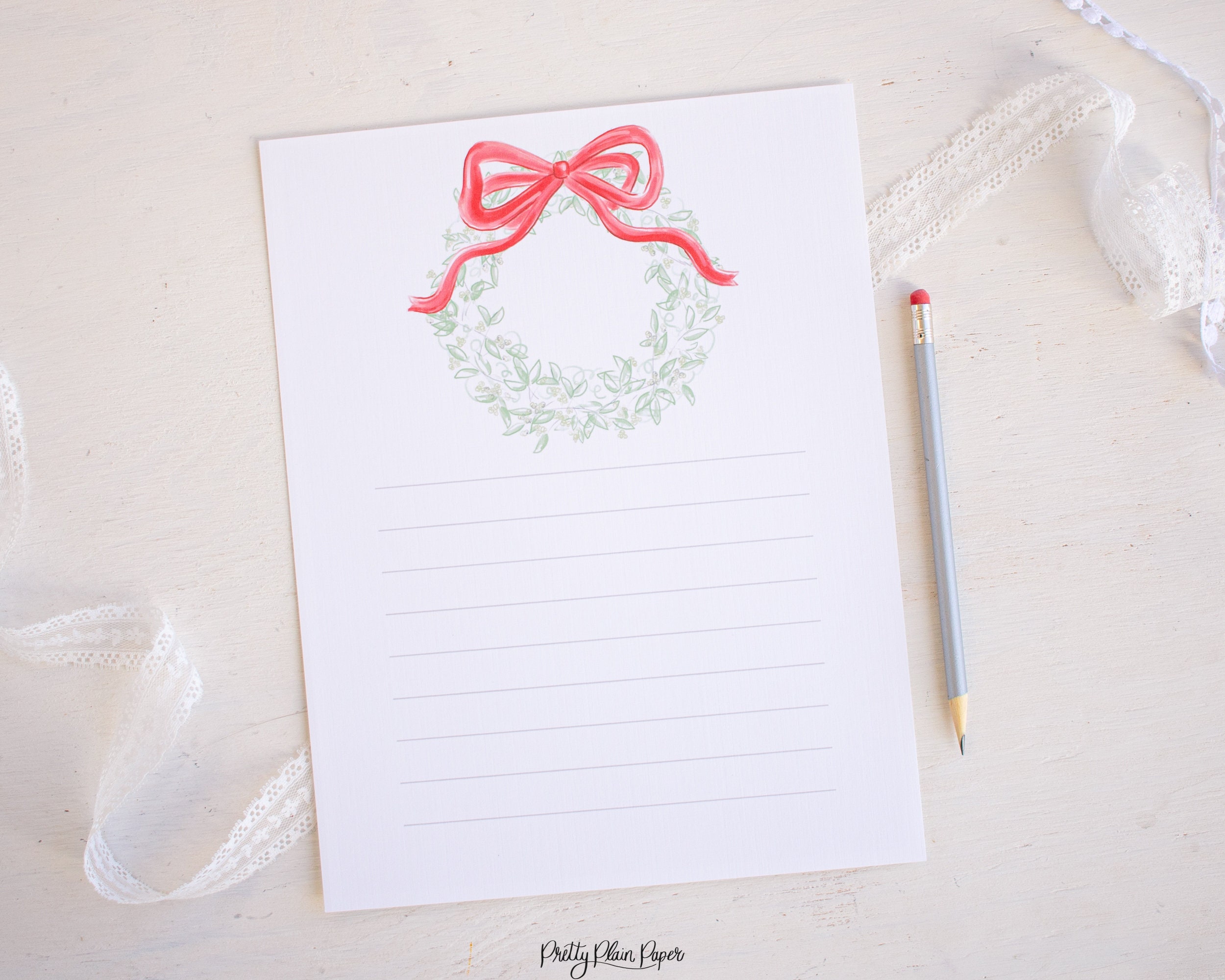 Red Santa with Pink Ribbon Lined Watercolor Stationary - Pretty Plain Paper