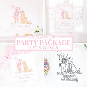 PACKAGE | Set of 4 Printables | ONE Golden Year Puppy Birthday Party | Watercolor | Little Girl Pink Bonnet & Golden Retriever Dog | 5043
