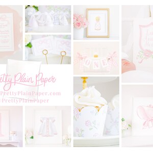May include: A collage of images featuring a pink and white baby shower theme. The images include a printable invitation, a banner with the word "ONE", a cupcake with a floral design, and a framed print of a baby girl wearing a bonnet.