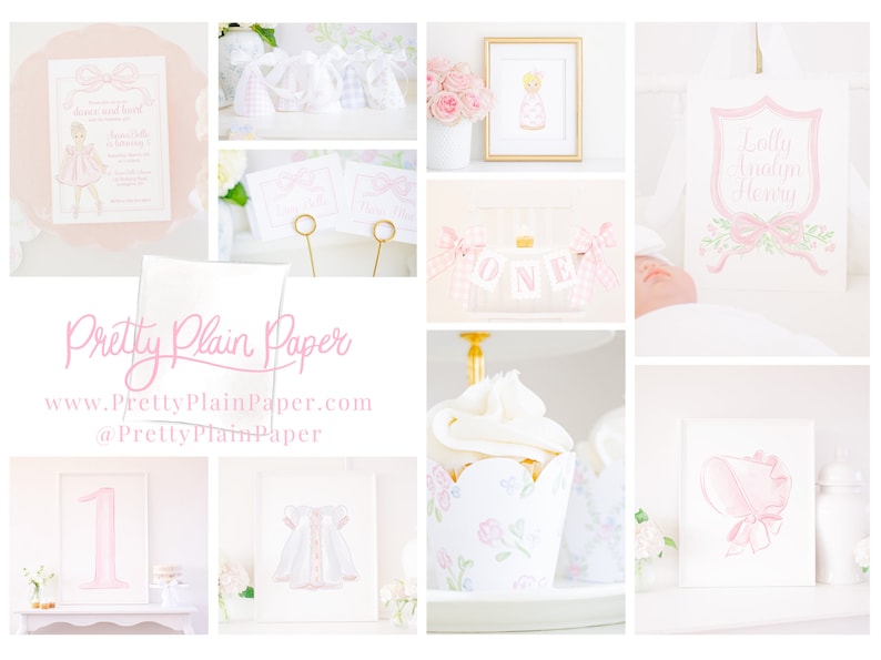 May include: A collage of images featuring a pink and white baby shower theme. The images include a printable invitation, a banner with the word "ONE", a cupcake with a floral design, and a framed print of a baby girl wearing a bonnet.