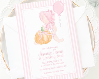 Our Little Pumpkin Invitation with Watercolor Little Girl, Bonnet & Pumpkin (5x7 Printable Digital Download) Grandmillennial Preppy 1099