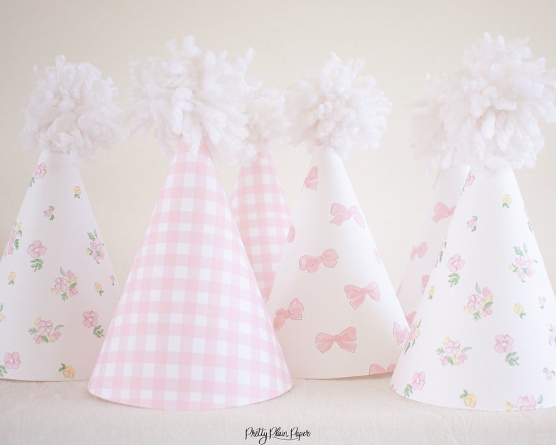 Pink Gingham, Bows, & Floral Party Hats Watercolor Printable Party Hats Download 1012 image 4