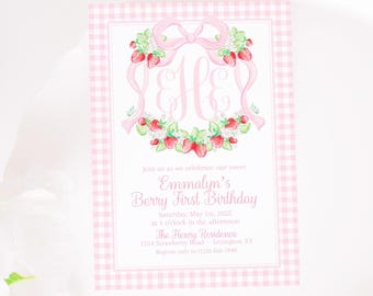 Invitation | Pink & Red Strawberry Monogram Crest Party Invite | 5x7 Printable | Bow | Berry 1st First Birthday Watercolor | Gingham | 5037