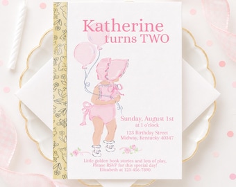 Little Girl Golden Book 2nd Birthday Invitation with Bonnet (5x7 Printable Digital Download) 5029