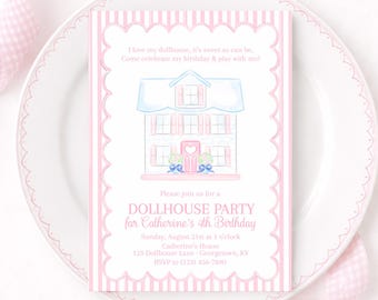 Watercolor Dollhouse Birthday Invitation (5x7 Printable Digital Download); Grandmillennial Preppy Playhouse Baby Doll Party; 5012