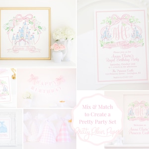 Puede incluir: Un conjunto de decoraciones de fiesta imprimibles con una ilustraci&oacute;n de un castillo rosa y azul con el texto "Anna Claire's Princess Castle". El conjunto incluye un cartel de bienvenida, una invitaci&oacute;n y una pancarta que dice "Feliz cumplea&ntilde;os".