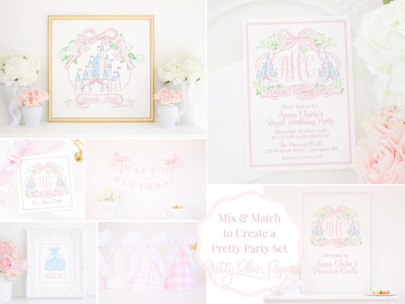Puede incluir: Un conjunto de decoraciones de fiesta imprimibles con una ilustraci&oacute;n de un castillo rosa y azul con el texto "Anna Claire's Princess Castle". El conjunto incluye un cartel de bienvenida, una invitaci&oacute;n y una pancarta que dice "Feliz cumplea&ntilde;os".