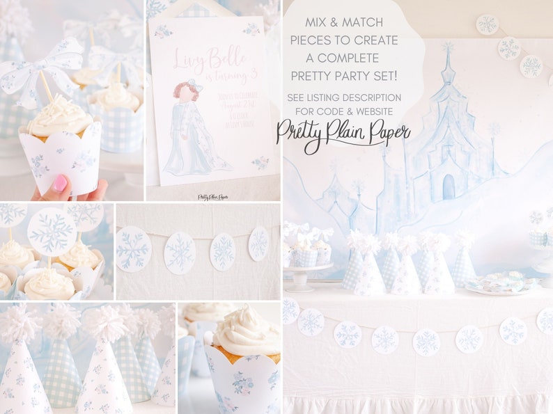 Pu&ograve; includere: Un set per feste a tema invernale con decorazioni di fiocchi di neve blu e bianchi, involucri per cupcake e cappelli da festa. Il set include uno striscione con fiocchi di neve, involucri per cupcake con un motivo a fiocco di neve e cappelli da festa con un motivo a quadri blu e bianchi. Il testo "Mix & Match Pieces to Create a Complete Pretty Party Set!" &egrave; visibile nell'immagine. Il testo "See Listing Description for Code & Website Pretty Plain Paper" &egrave; anche visibile nell'immagine.