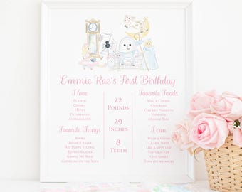 Nursery Rhyme First Birthday Milestone Sign (16x20 Printable Digital Download), Watercolor Grandmillennial Preppy Style 1030