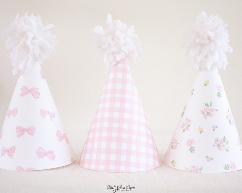 Pink Gingham, Bows, & Floral Party Hats Watercolor Printable Party Hats Download 1012 image 1