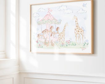 24x30 Print | Printable Download | Watercolor Pink Carousel Artwork | Giraffes Bunnies | Floral Chinoiserie Print | Grandmillennial | 5049