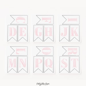 May include: Printable alphabet banner with pink letters on white flags. The letters are in a serif font and are arranged in alphabetical order. The flags are attached to a string and are hanging from a ceiling.
