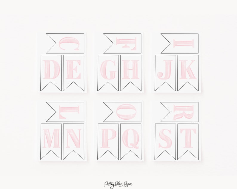 May include: Printable alphabet banner with pink letters on white flags. The letters are in a serif font and are arranged in alphabetical order. The flags are attached to a string and are hanging from a ceiling.