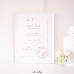 Aquarell Tea Party Menü | Bearbeitbares Text Zeichen | Rosa Teekanne mit rosa Schleife | Girly Brunch Menü | Tea Party Brautparty | Babyparty 1068