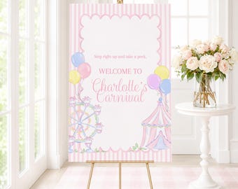 Pastel Pink Carnival Birthday Welcome Sign; (24x36 Printable Digital Download) Watercolor Preppy Grandmillennial Style 5059