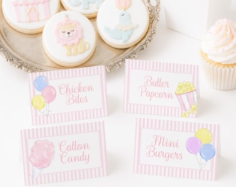 Pastel Pink Carnival Food Labels Birthday Party; (3x4 Tent Style Printable Digital Download) Watercolor Preppy Grandmillennial Style 5059