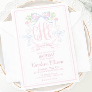 Invitación de bautismo con monograma de acuarela y cruz en azul y rosa / Invitación de bautismo tradicional / Dedicación para niña / 5005