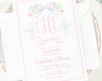 Watercolor Monogram Crest Baptism Invitation with Cross in Blue & Pink | Traditional Baptism Invitation | Baby Dedication for Girl | 5005