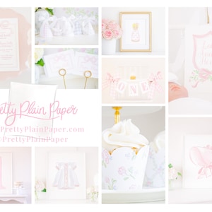 Op de afbeelding: Een collage van afbeeldingen met een roze en wit baby shower thema. De afbeeldingen omvatten een afdrukbare uitnodiging, een banner met het woord "EEN", een cupcake met een bloemenontwerp en een ingelijst afdruk van een babymeisje met een muts.