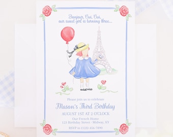 Invitation | 5x7 Printable | French Girl in Paris | Oui Oui Three | 3rd Birthday Party | Watercolor Little Girl  Blue Dress Yellow Hat  9003