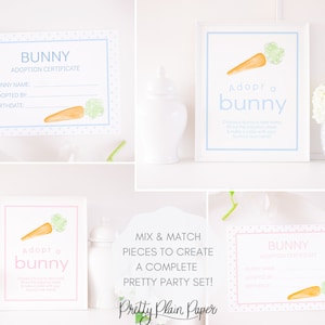 May include: Printable bunny adoption certificate featuring a carrot and green leaves. The certificate has a blue and white polka dot background. The text reads "Bunny Adoption Certificate", "Bunny Name", "Adopted By", and "Birthdate".
