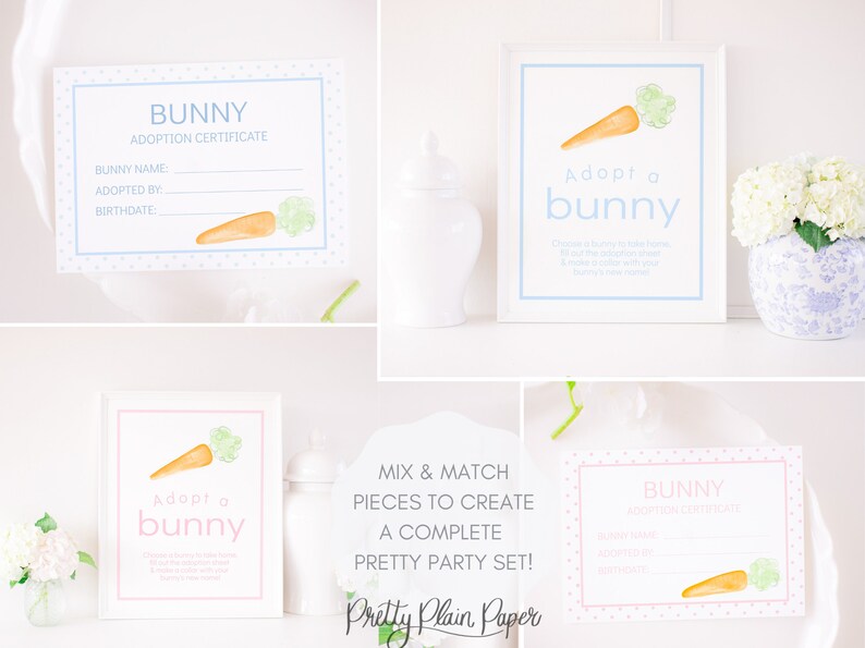 May include: Printable bunny adoption certificate featuring a carrot and green leaves. The certificate has a blue and white polka dot background. The text reads "Bunny Adoption Certificate", "Bunny Name", "Adopted By", and "Birthdate".