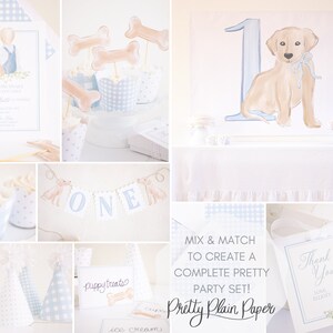 May include: A set of printable party decorations featuring a watercolor illustration of a golden retriever puppy. The set includes a banner, cupcake toppers, party hats, thank you cards, and an invitation. The decorations are in a blue and white color scheme with gingham patterns.