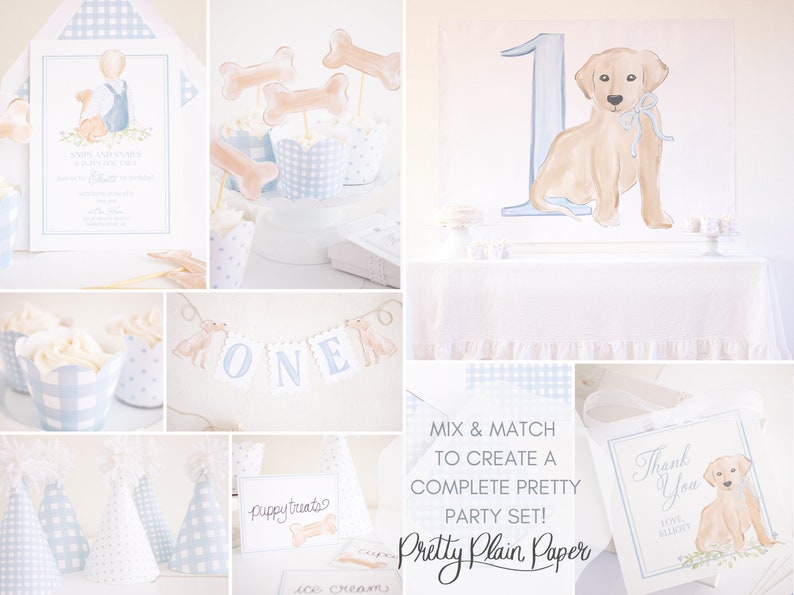 May include: A set of printable party decorations featuring a watercolor illustration of a golden retriever puppy. The set includes a banner, cupcake toppers, party hats, thank you cards, and an invitation. The decorations are in a blue and white color scheme with gingham patterns.
