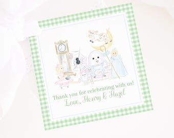 Favor Tag for Gender Neutral Nursery Rhyme Party in Green (3.5x3,5 Printable Digital Download), Watercolor Grandmillennial Preppy Style 1030