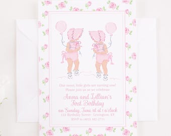 Invitación para el primer cumpleaños de dos niñas con borde floral de rosas y globos / 5x7 (descarga digital imprimible); 5029
