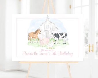 Pink Farm Animals Birthday Welcome Sign for Girl, Watercolor Preppy Grandmillennial Style (24x36 Digital Download) 3027