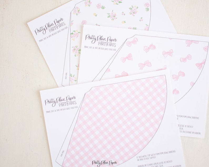 Pink Gingham, Bows, & Floral Party Hats Watercolor Printable Party Hats Download 1012 image 6