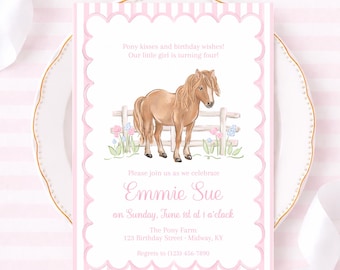 May include: A pink and white birthday invitation featuring a pony illustration. The design includes a light brown pony behind a white fence with pink and blue flowers. The text reads "Pony kisses and birthday wishes!" and "Emmie Sue".