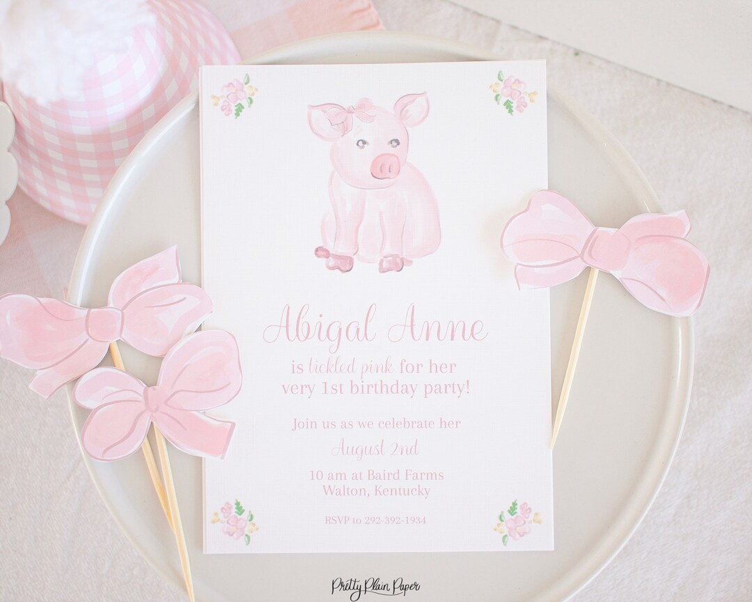 Pink Pig With a Bow Invitation - Watercolor Printable Invitation ...