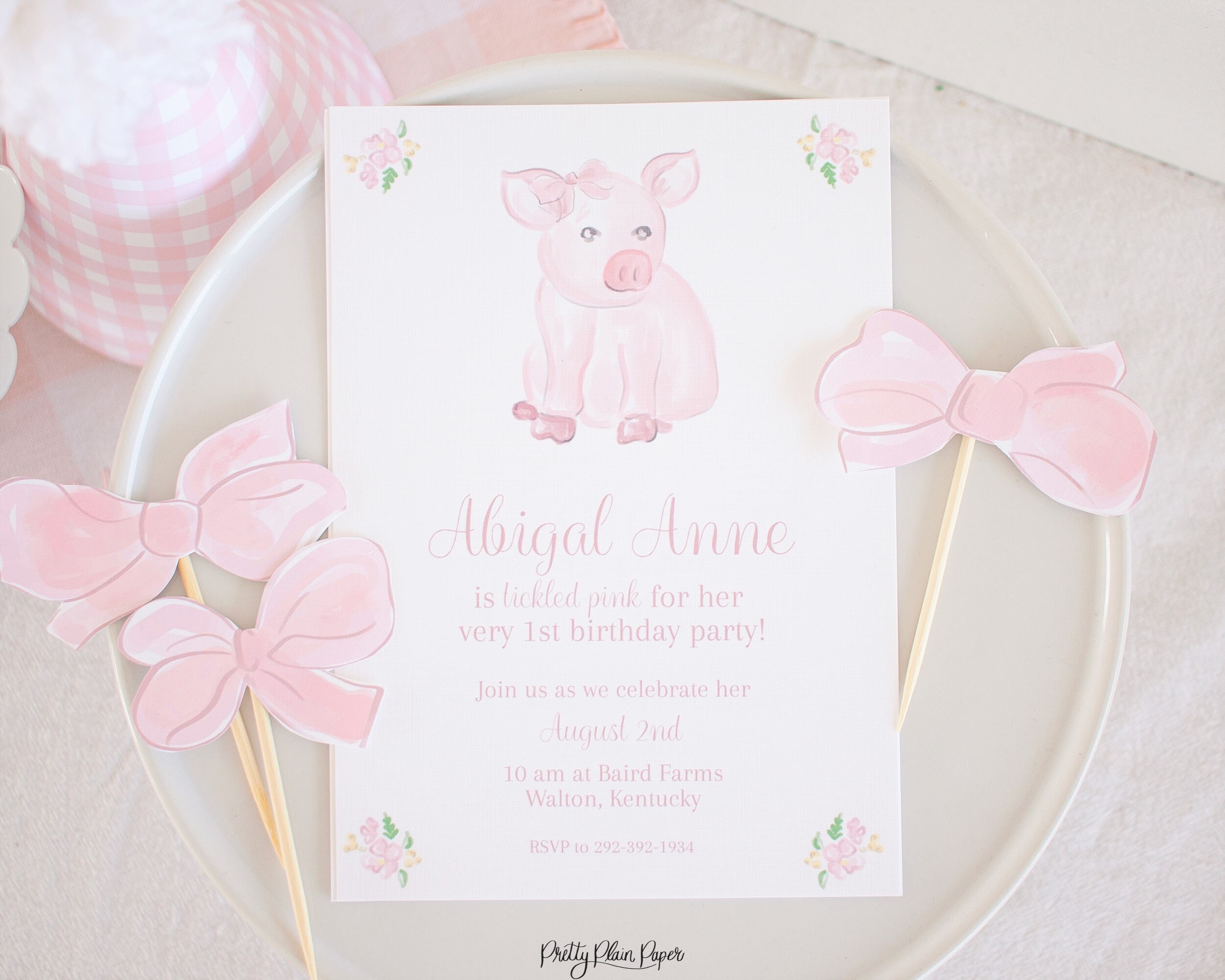 Pink Pig with a Bow Invitation  -  Watercolor Printable Invitation Instant Download 1012 for a Girly Farm Animals Birthday Party Theme