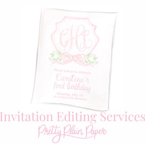 Servicios de edición de textos/invitaciones (solo texto) de Pretty Plain Paper