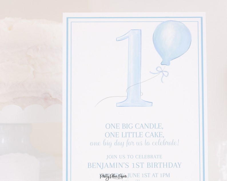 Watercolor One Birthday Invitation for 1st Birthday 1050 Blue & White First Birthday Invitation Traditional Blue White 1st Birthday image 2