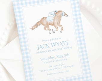 Light Blue Gingham Watercolor Race Horse & Jockey Invitation for Kentucky Derby Birthday Party for Boy; 5x7 Printable Digital Download 0106