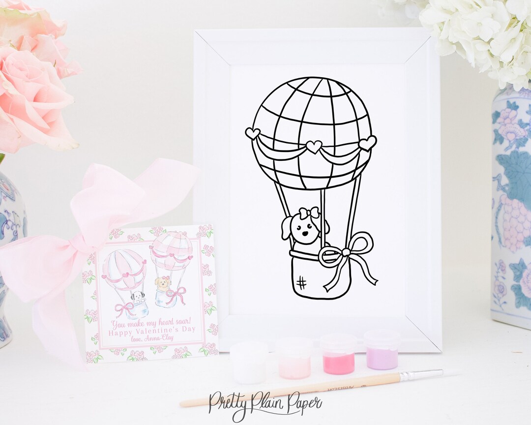 Valentine Bundle | Tag AND Coloring / Paint Page | Hot Air Balloon With ...