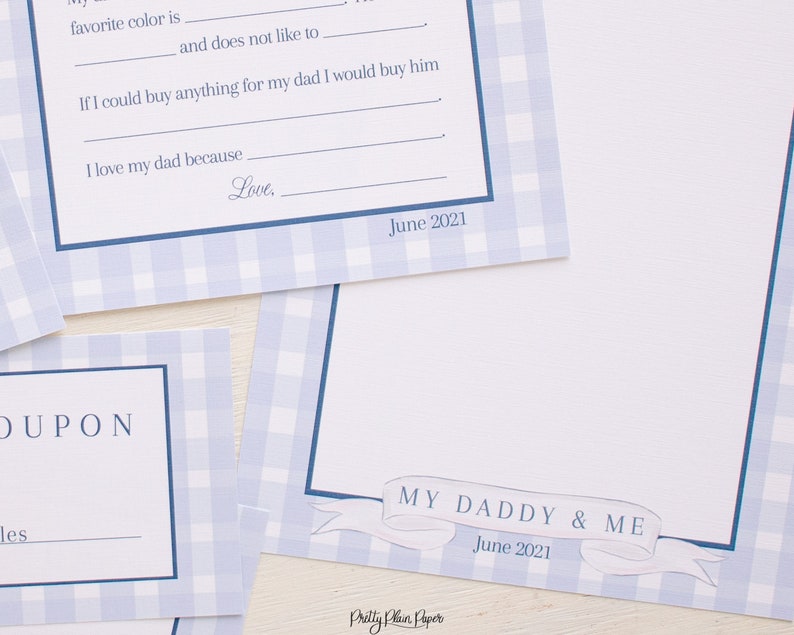 May include: A blue and white gingham patterned printable card with the text "My Daddy & Me" and "June 2021". The card is designed for a child to write about their father.
