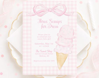 Invitation |  5x7 Printable | Watercolor Pink Ice Cream with Bow | Baby Shower or Birthday | for Girl | Preppy | Pink | Two Sweet | 5024