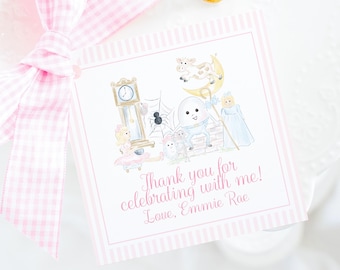 Favor Tag for Pink Nursery Rhyme Birthday Party (3.5x3.5 Printable Digital Download), Watercolor Grandmillennial Preppy Style 1030