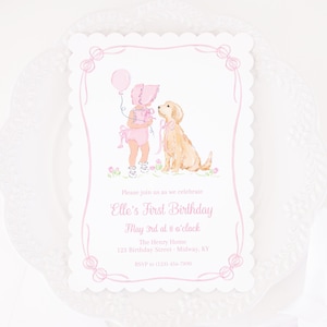 Invitation | 5x7 Printable | ONE Golden Year Puppy Birthday Party | Watercolor | Little Girl with Pink Bonnet & Golden Retriever Dog | 5043