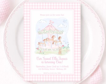 Pink Gingham Carousel Birthday Invitation: Watercolor Giraffes & Bunnies (Digital Download 5x7 Printable Template 5049