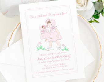 Dark Brown Hair Baby Doll Brunch Party Invitation (5x7 Printable Digital Download) Watercolor Grandmillennial Preppy Style 5028