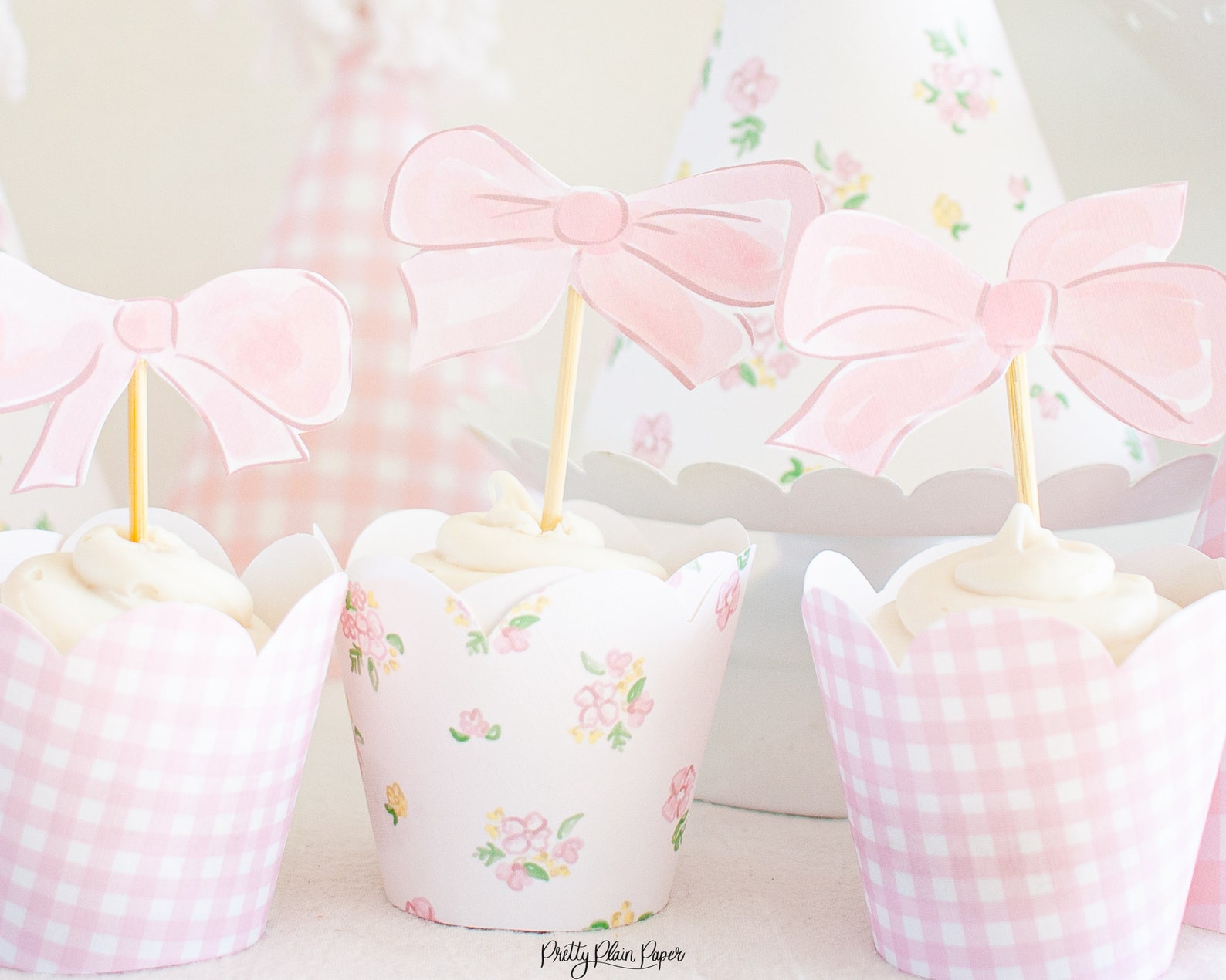 Pink Bow Cupcake Toppers Watercolor Printable Download 1012 | Etsy