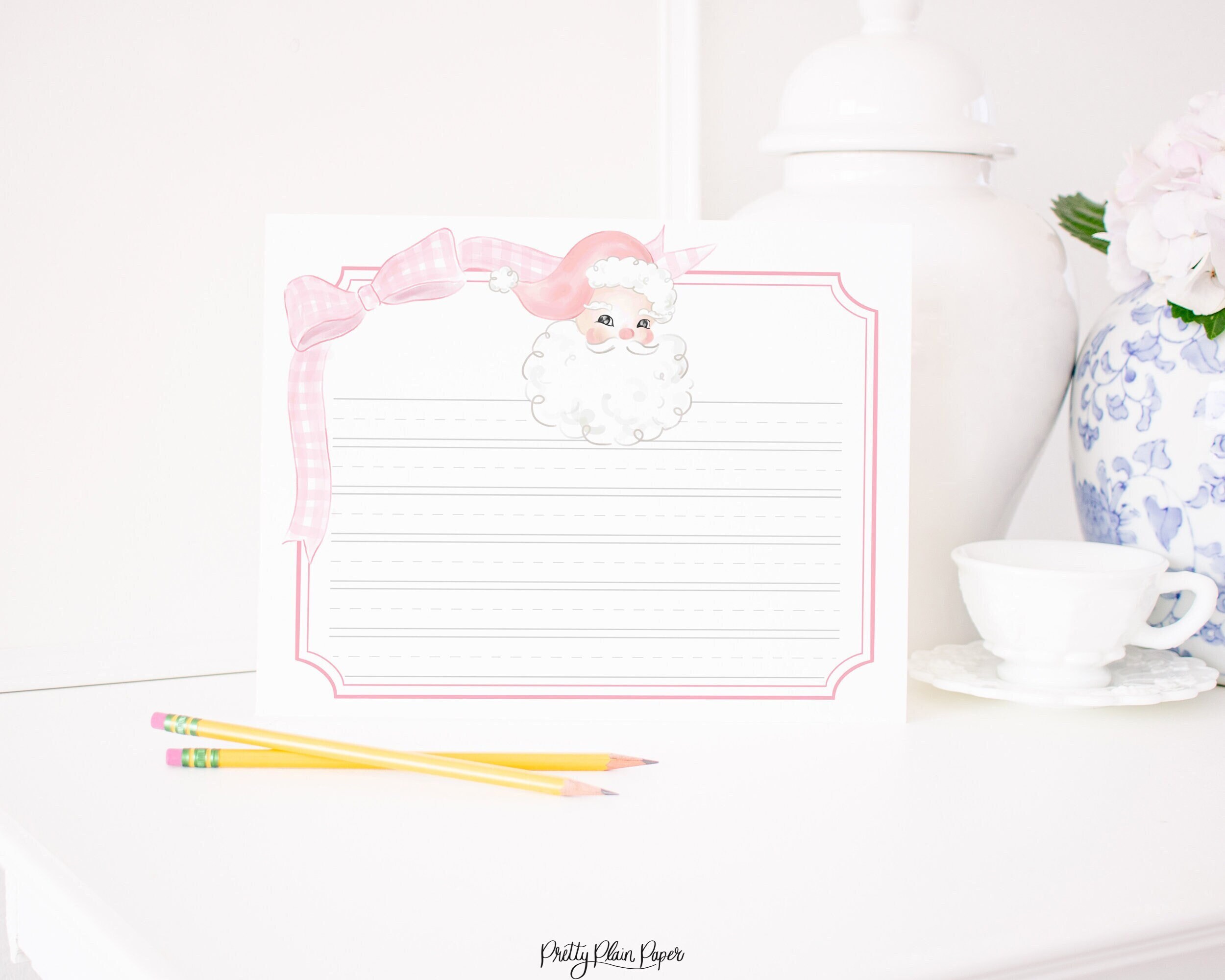 Pink Santa with Pink Ribbon DOTTED LINED Watercolor Stationary - Pretty Plain  Paper